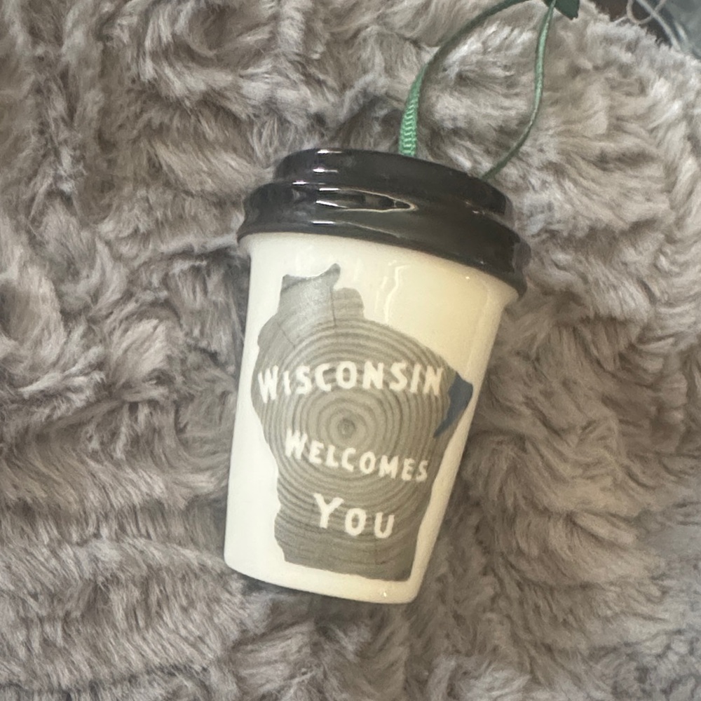Starbucks Wisconsin Welcomes You Ceramic Coffee Cup Ornament - White & Gray